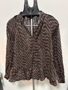 BANANA REPUBLIC Brown Black & Cream Pleated , Ruffles , Long Sleeve Top Size M